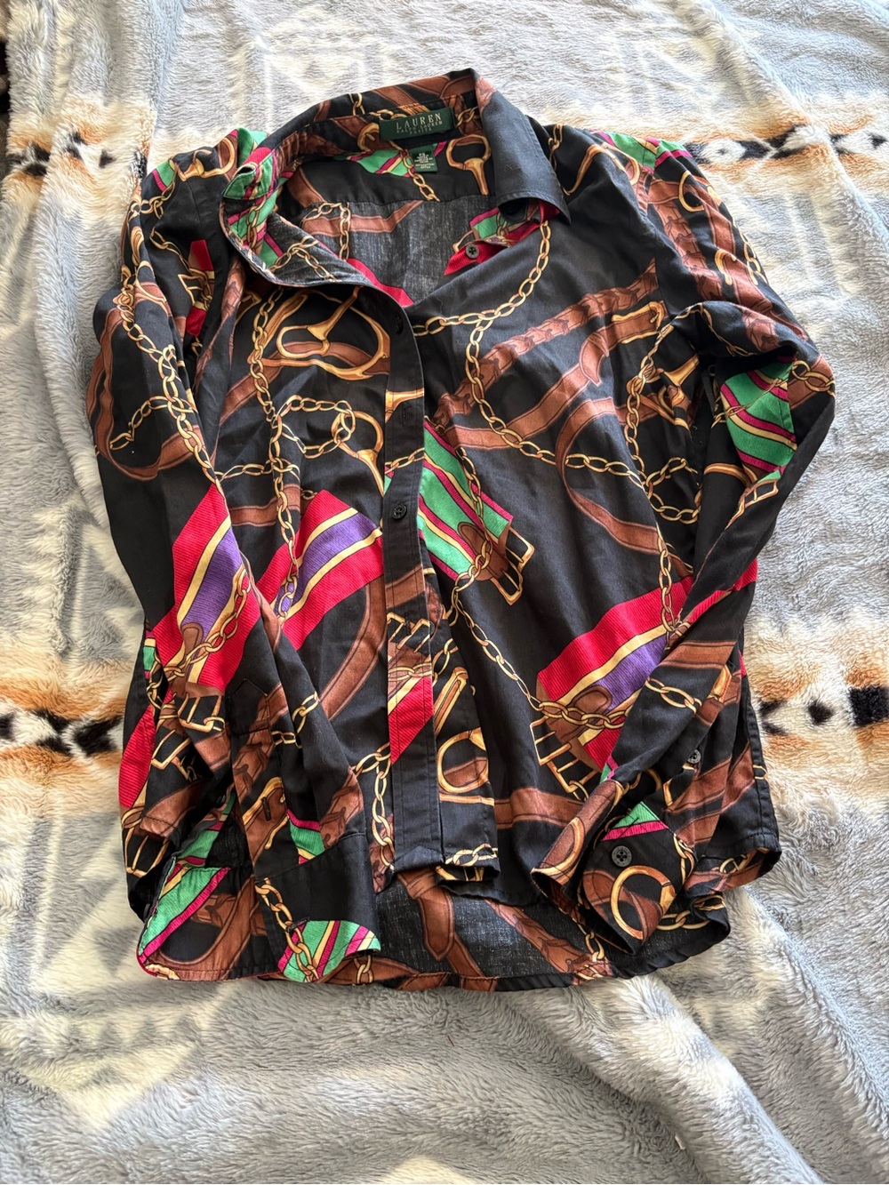 Ralph Lauren Black Button-Down Blouse with Multicolor Chain & Belt Print